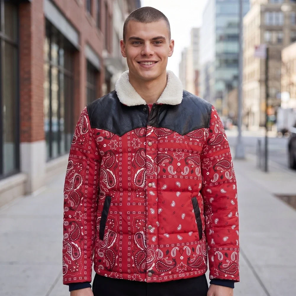 NEW Levis Mens Red Paisley‎ Bandana Western Puffer Jacket Sherpa Collar LARGE